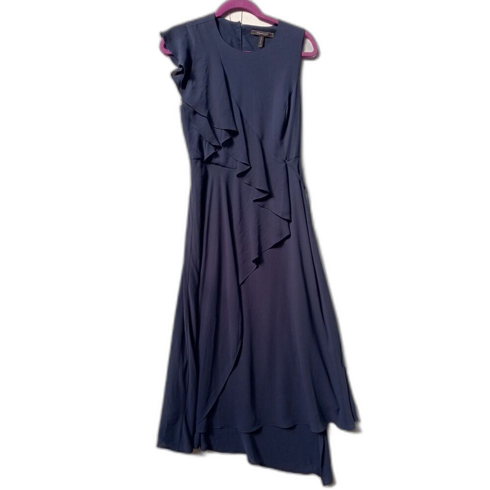 BCBGMAXAZRIA Flattering Navy Faux Wrap Asymmetrical Ruffle Midi Dress XS
